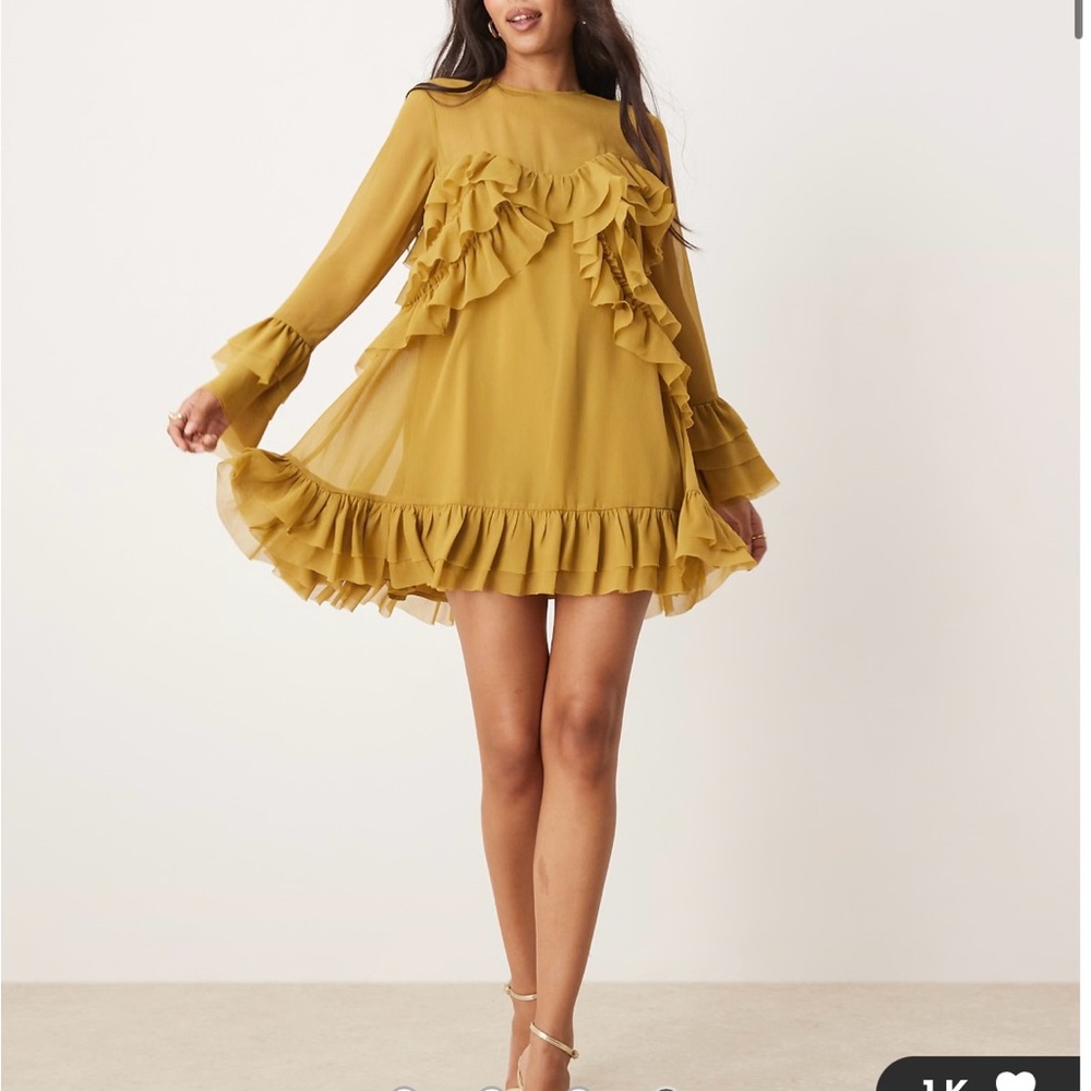 ASOS DESIGN long sleeve ruffle tiered mini dress in ochre